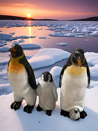 Скульптурная композиция из стеклопластика  СЕМЕЙКА КОРОЛЕВСКИХ ПИНГВИНОВ 3 ШТ. для использования на открытом воздухе