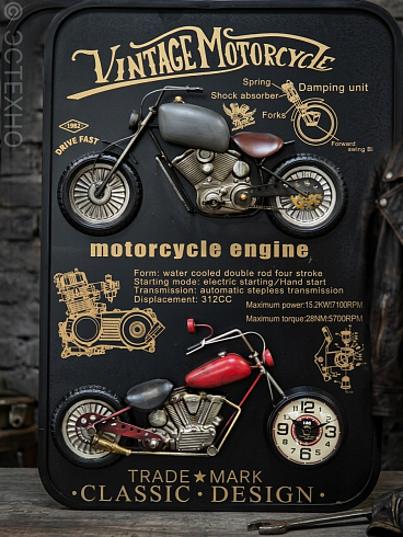 Часы настенные интерьерные ESTECHNO «Vintage Motorcycle» Loft 3D, 80*60 см