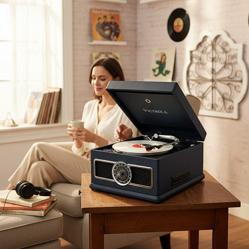 Виниловый проигрыватель, фонограф VICTROLA MADISON + CD/FM/BT ретро стиль, цвет синий