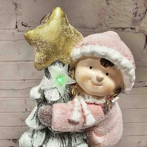 Фигура новогодняя с подсветкой из грубой керамики Дети и новогодняя елка, 21х44 см