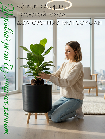 Кашпо с автополивом 12 л, Ø32*42 см, цвет черно-серый