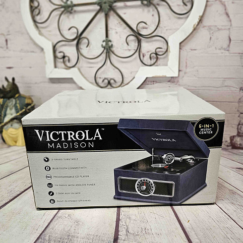 Виниловый проигрыватель, фонограф VICTROLA MADISON + CD/FM/BT ретро стиль, цвет синий