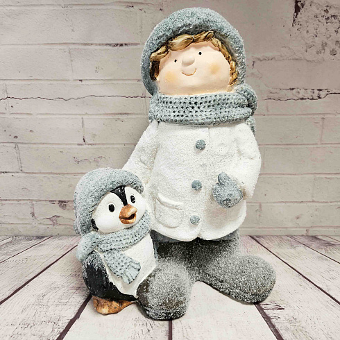 Фигура новогодняя из грубой керамики Малыш и пингвин, 26*18*37 см