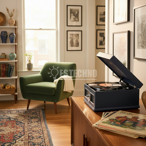 Виниловый проигрыватель, фонограф VICTROLA MADISON + CD/FM/BT ретро стиль, цвет синий